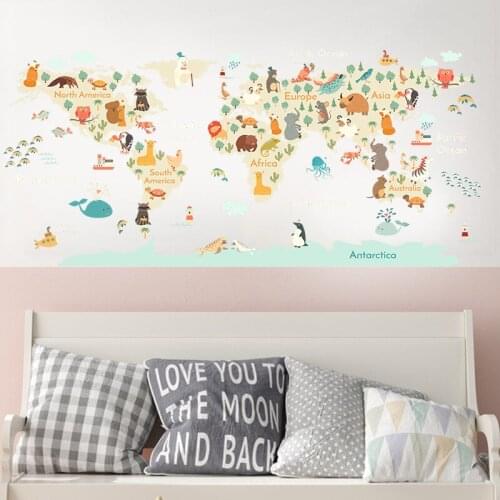 Cartoon Animals Seven Continents Wall Stickers Kids Baby Room Decor Self Adhesive Wallpaper Bedroom Home Decoration