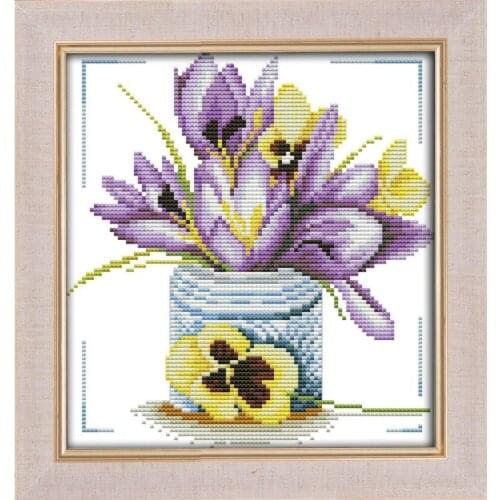 New Arrival Joy Sunday Cross Stitch Kit Embroidery Needlework Set Print Canvas 11&14CT Small Pot Crocus DMC Cross Stitch Flowers