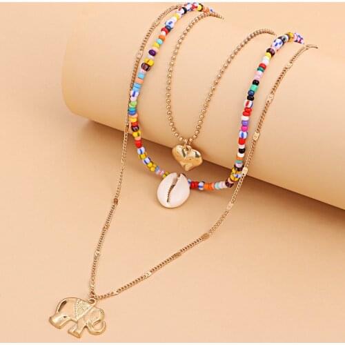 Alloy Elephant Heart Natural Shell Pendants Necklaces for Women Rice Beads Clavicle Chain Layered Necklace Female 2021 Fashion