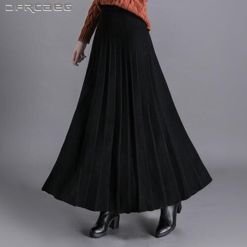 Elastic Waist Casual Knitted Women Maxi Skirt 2021 Autumn Winter Elegant Big Swing Sweater Pleated Skirts Female Black