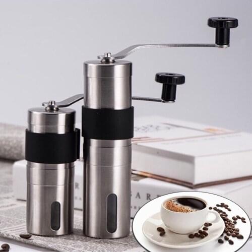 Silver Manual Ceramic Coffee Grinder Stainless Steel Adjustable Coffee Bean Mill With Rubber Loop Ring Easy Clean Kitchen Tools
