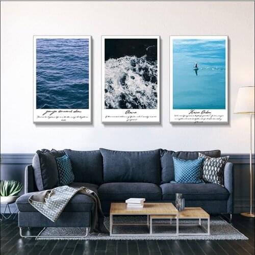 Modern Simple Seascape Paintings, Waves, Dark Blue Ocean Posters, Prints, Letter Murals, Family Club Decorative Paintings