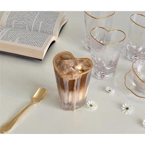 Heart Glass Gold Dessert Plate Coffee Cup Tableware Set Vintage Salad Fruit Dinnerware Dishes Soup Cake Bowl Kitchen Decoration