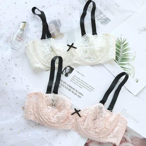 Wriufred Comfortable and cute bra girl lace half cup lingerie thin section gathered memory soft steel ring underwear