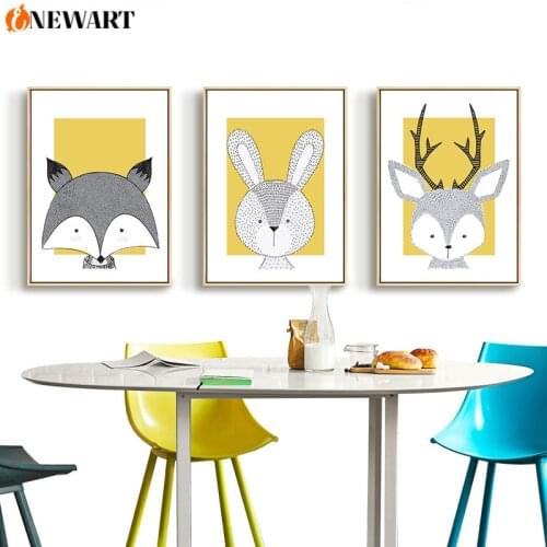 Yellow Cartoon Animals Baby Nursery Wall Painting Decoration Poster Print Fox Rabbit Deer Canvas Painting for Kids Room Bedroom