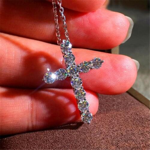 Female Austrian Crystal Cross Pendant Chains Necklaces For Women White Gold Round White Zircon Clavicle Necklace Wedding Jewelry