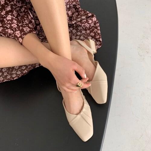 Plus Size 35-43 Women Sandals Square Toe Slip on Shoes Low Heels Dress Shoes Pleated Slingback Ol Office Zapatos Mujer 9296G