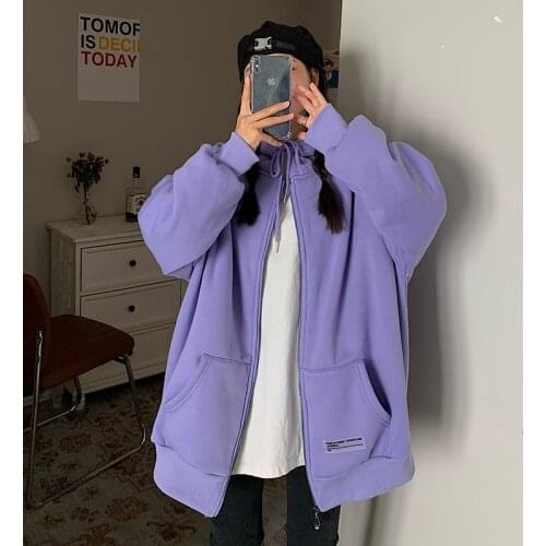Hooded Sweatshirt Womens 2021 New Autumn And Winter Plush Thickened Solid Color Simple Zipper Sweatshirt Simple Qn