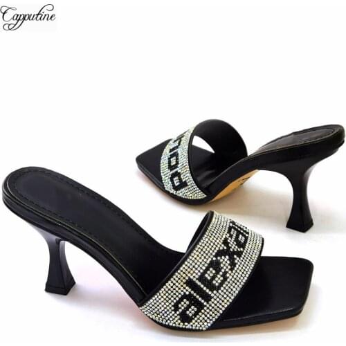 Italian Design Woman High Heels Shoes Black Summer Slippers African Ladies Pumps Sandals Femmes Sandales CR502 Height 7.3cm