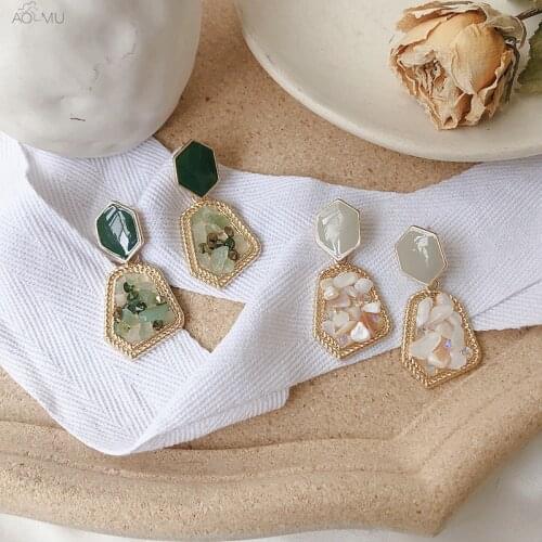 AOMU Korean Geometric Palace Style Natural Stone Rainstone Drop Earrings For Women Trend Shell Rhombus Metal Pendientes Серьги