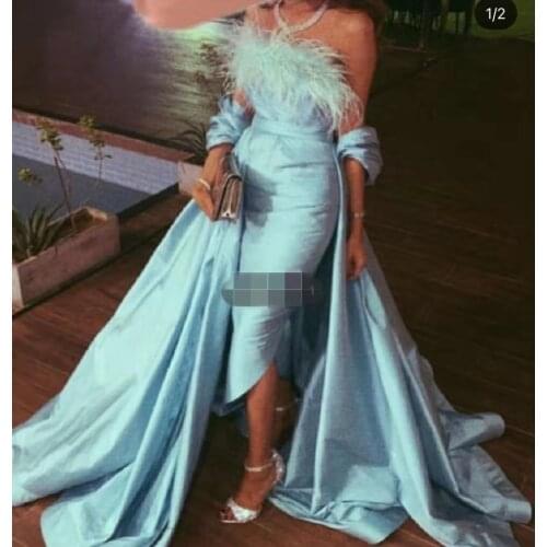 Vintage Long Strapless Prom Dresses with Detachable Train Zipper Back Robe De Soiree Light Blue Formal Party Dresses for Women