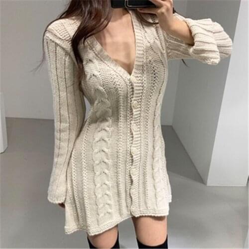 Women Knit Sweater Dress Fall Winter Elegance Sexy V-neck Single Breasted Twist Mini Dress Female Casual Solid A-line Dress