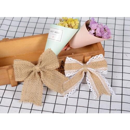 10pcs / Opp Bag Burlap Lace Bow Tie Christmas New Year Gift Box Decoration Valentine Gift Packaging Diy Headband Accessories