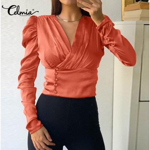 2021 Celmia Fashion Satin Blouses Women Slik Tops Long Sleeve Ruffles Casual Slim Tunic Top Sexy V-Neck Buttons Elegant Blusas