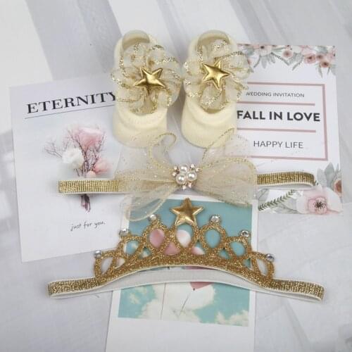 3Pcs/Set Baby Flower Socks Set Girl Headband Crown Bows Hairband Headbands For Girls Newborn Turban Baby Hair Accessories