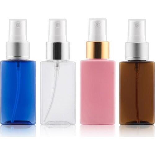 50ml 48pcs/lot Clear/Blue/Pink/Brown/Green Aluminium Spray Pump Plastic Square Bottle Perfume Travel Cosmetic Container