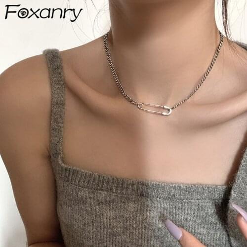 Foxanry 925 Sterling Silver Sweater Necklace INS Fashion Vintage Elegant Charm Simple Pin Design Party Jewelry Gifts for Women