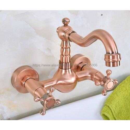 Antique Red Copper Wall Mounted Bathroom Sink Faucet Swivel Spout Bathtub Mixer Dual Handles Bnf946
