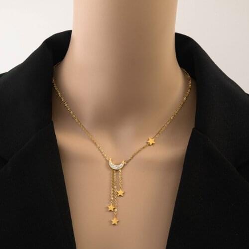 316L Stainless Steel New Fashion Upscale Jewelry Stars Moon Zircon Tassel Charms Chain Choker Necklaces & Pendants For Women