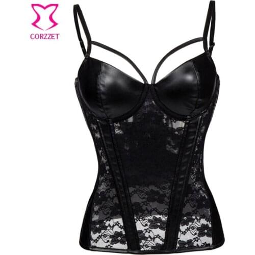 Black Floral Lace Faux Leather Corset with Straps Push Up Bra Bustier Sexy Gothic Lingerie Korset Womens Corsets and Bustiers