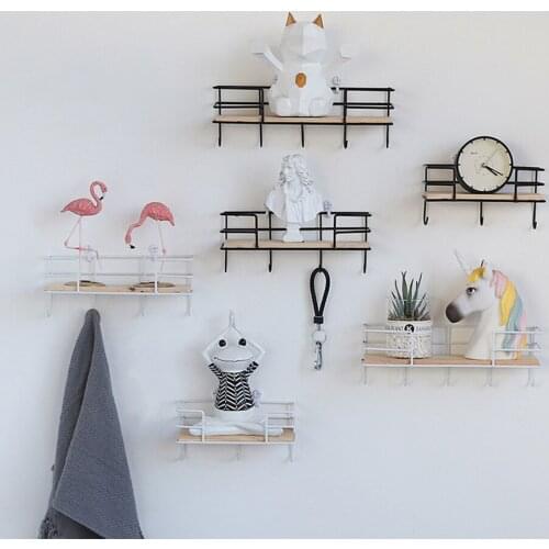 Wooden Entryway Wall Shelf with Wrought Iron Hooks Wall Storage rack Coat Hanger Hanging Coat Shelf Wall decoration key hook