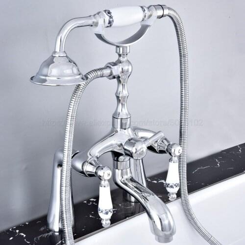 Bathroom Polished Chrome Deck Mounted Shower Faucets Set Bathtub Faucet Water Mixer Tap with Hand Shower ztf762