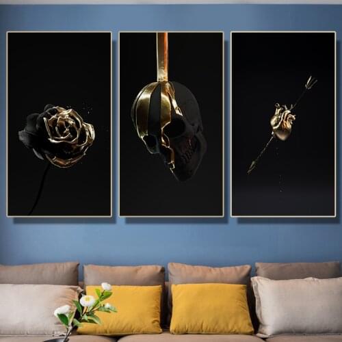 Canvas Print Posters Black and Gold Rose Skull Heart Modern Art Painting Living Room Hoom Decor HD Europe Abstract Wall Picture