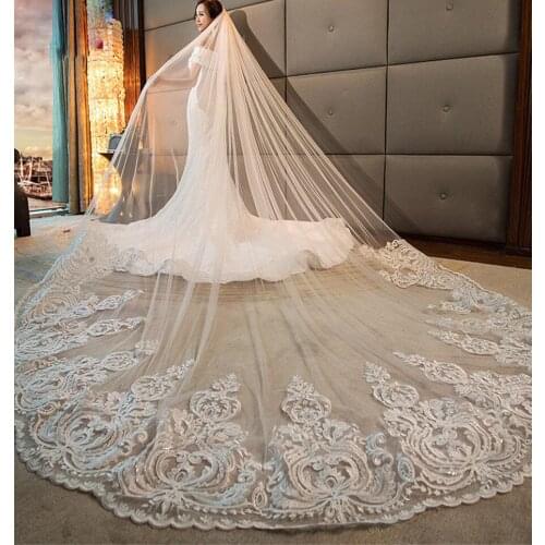 Romantic Long Bridal Veils Cathedral Length Lace Applique 4M Wedding Veil With Free Comb White Ivory High Quality