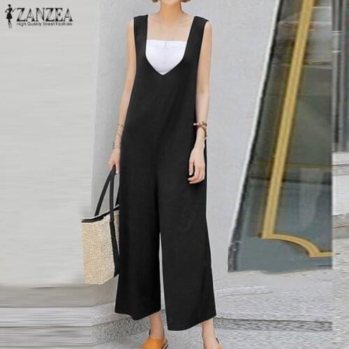 ZANZEA 2021 Kaftan Summer Overalls Womens Tank Jumpsuits Solid Sleeveless Wide Leg Pants Femlae Casual V Neck Rompers Oversize