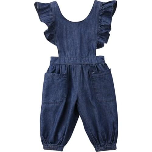 Hot Sale Solid Overalls Kids Baby Girl Casual Clothing Denim Jeans Sleeveless Back Cross Romper Jumpsuit Clothing 1-6T