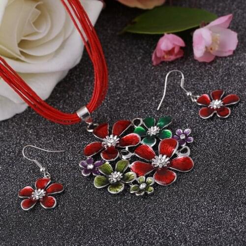 6 Colors Fashion Flower pendant Necklace Earrings Set Multilayer leather Chiffon Ribbon Choker Neckalce jewelry sets