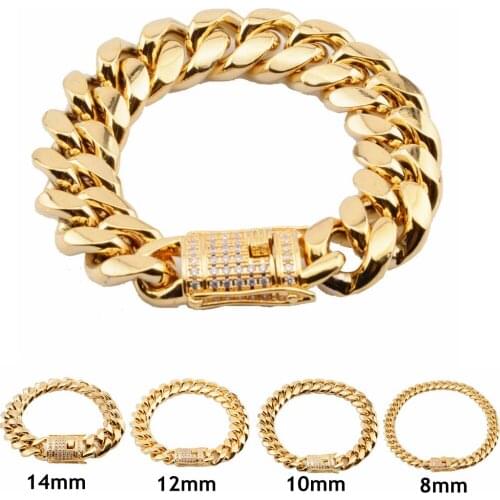 New Arrive Mens Hot Sell Curb Miami Chain Bracelet made of Stainless Steel with White Crystal Clasp 8-18mm
