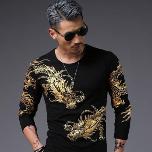 Chinese Style Mens Dragon Printed Round Neck Long Sleeves Cotton Blend T-Shirts Tops Casual Male T-shirt