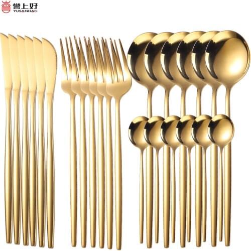 18/10 Gold Dinnerware Set 24pcs Stainless Steel Tableware Set Knife Fork Spoon Flatware Set Dishwasher Safe Cutlery Set Gift Box