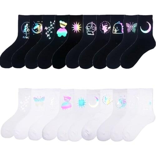 Night Reflect Light Men&Women Socks Funny Harajuku Moon Butterfly Dino Hip-hop Street skateboard sock for Lover skateboard socks