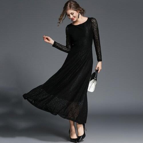 Autumn and winter new European and American high-end fashion temperament lace cultivating long-sleeved banquet long dress