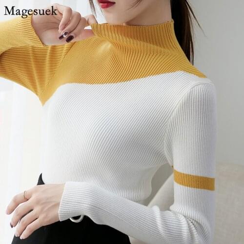 Autumn Fashion Semi-high Collar Knitted Sweaters Women Casual Sweaters For Women Turtleneck Women Patchwork Tops Jumper 6998 50