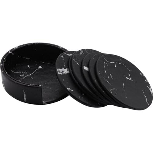 Coasters for Drinks 6-Piece with Holder,Marble Black Round Cup Mat Pad Set Of Home and Kitchen Use