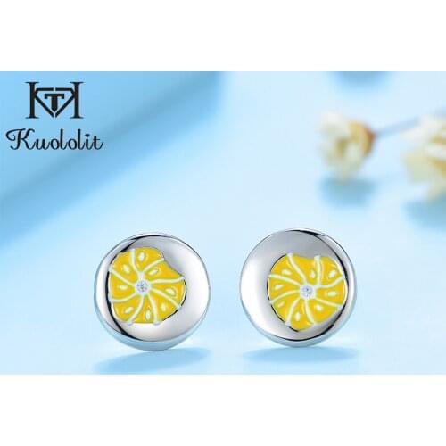 Kuololit Enamel Stud Earrings for Children Solid 925 Sterling Silver Zircon stone enamel orange earrings Mini Gifts Fine Jewelry