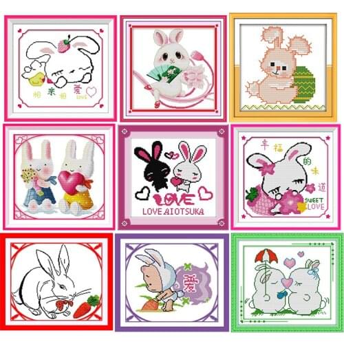 Happy Rabbit Series Cross Stitch Kits Dmc 11CT 14CT Printed Pattern Sewing Needleworks Embroidery Counted Cross Sets Decorations