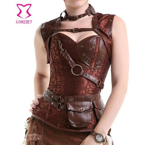 Brown Vintage Gothic Corset Jacket Steel Bone Waist Trainer Plus Size Corsets And Bustiers Steampunk Costumes For Women S-6XL