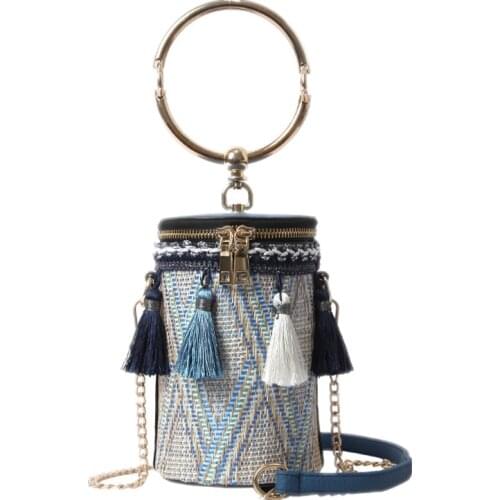 2019 New Fashion Summer Handbag High quality Boho Straw bag Women bag Round Hand Metal Ring Tassel Chain Shoulder Bag Sac a Main
