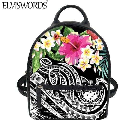 ELVISWORDS Samoa Tribal Pattern With Hibiscus Women Casual Shoulder Bag 2020 Fashion New Mini PU Leather Backpack Mochila Mujer