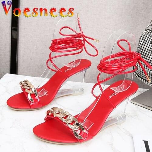 High Heels Womens Summer New All-match Womens Shoes One Word Buckle Simple Wedges Transparent Sandals Ankle Strap Party Shoes