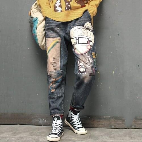 Women Ankle Length High Waist Autumn Winter Vintage Ripped Lovely Jeans Mom Jeans Boyfriend Washed Denim Harem Pants