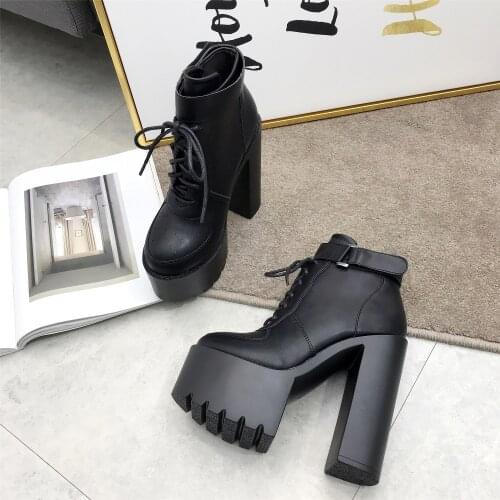 15Cm Super High-Heel Short Boots Lace-Up Womens Shoe Model Catwalk Thick With Martin Boots Sexy Elegant Ankle Boots Single Boots
