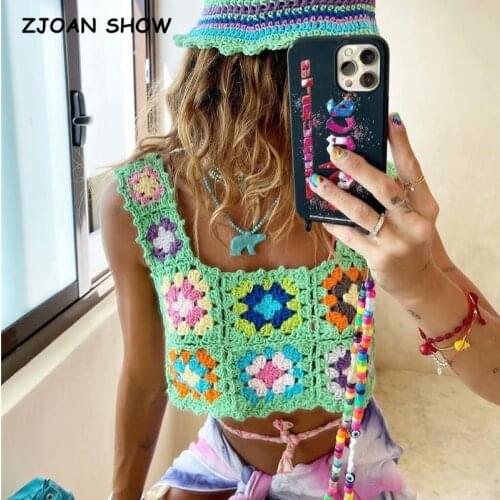 2021 Harajuku Handmade Hollow Out Crochet Plaid Flower Tanks Women Summer Cropped Tops Retro Cool Girl Short Tee Holiday