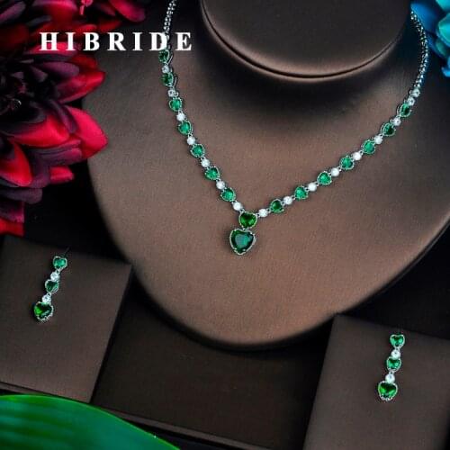 HIBRIDE Luxury Green Color CZ Jewelry Sets For Women Necklace Set Wedding Dress Accessories Wholesale Price Dropshipping N-450