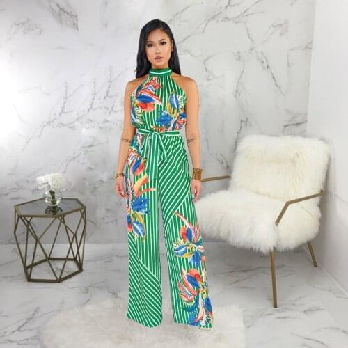 Women Stripe Flora Printed Halter Wide Leg Bodycon Jumpsuits Sleeveless Plus Size Wrap Belt Slim Fit Hot New Trends Jumpsuit