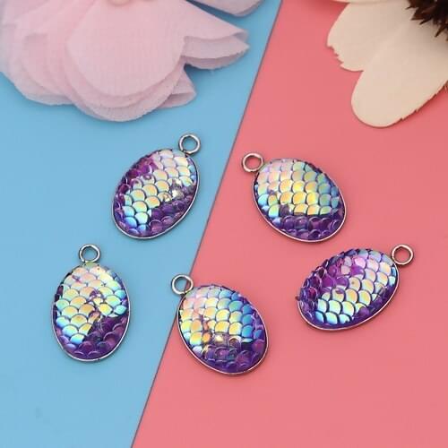 10pcs 304 Stainless Steel Mermaid Fish Scale Charm Colorful Faux Druzy Cabochon Resin Oval Drusy Charms 22mmx 13mm